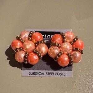 Vintage Cluster Bead Post Back Earrings in Coral Peach